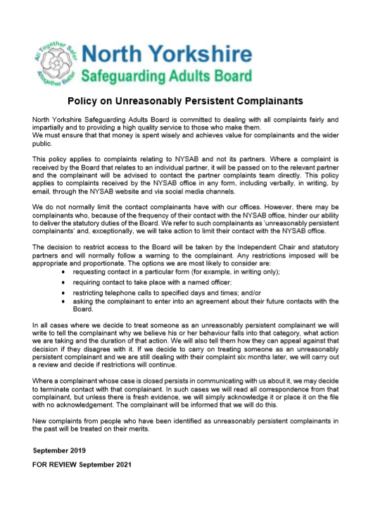 Policy on Unreasonably Persistent Complainants