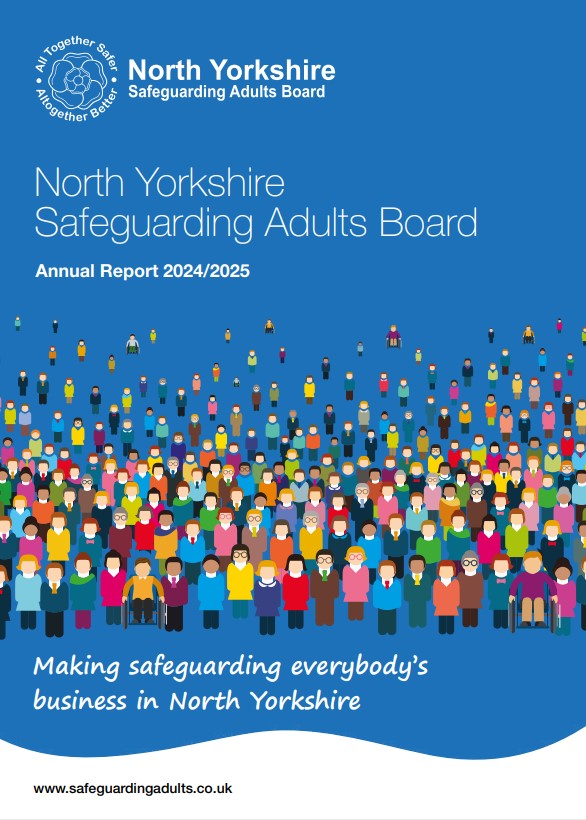 Front cover showing the title NSYAB Annual Report 2024-25 over a blue background with many cartoon diverse people wearing colourful clothes.