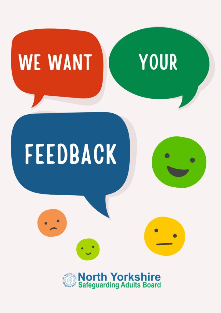 Speech bubbles saying we want your feedback, surrounded by four round emoji faces showing a mixture of happy and sad emotions. 