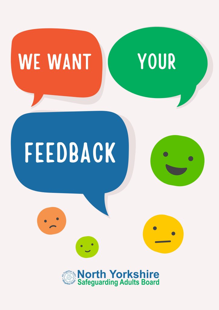 Speech bubbles saying we want your feedback, surrounded by four round emoji faces showing a mixture of happy and sad emotions.